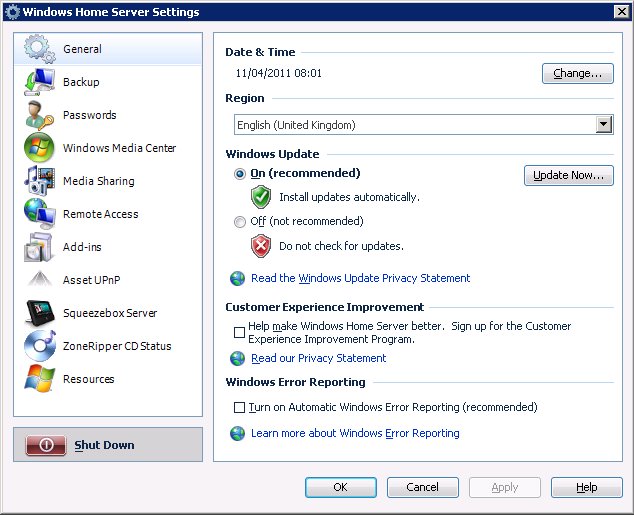 Windows Home Server Settings