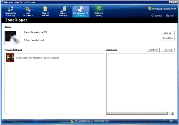 ZoneRipper Windows Home Server Console showing ripper status