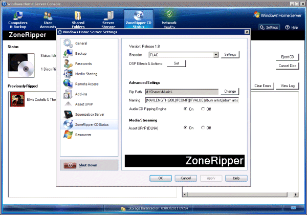 ZoneRipper Settings within Windows Home Server Console